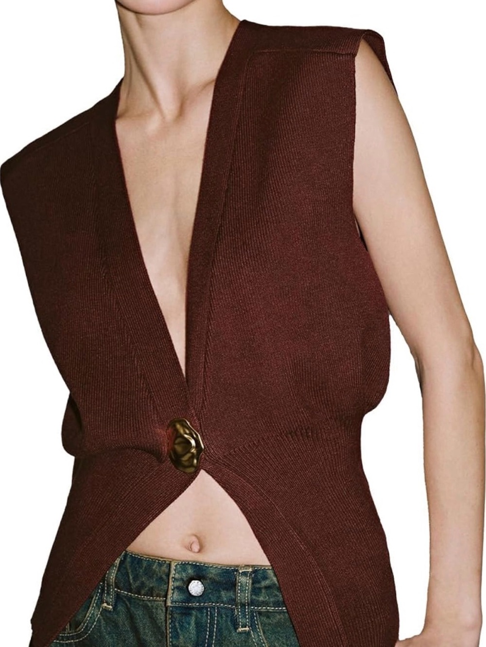 Brown V-Neck Sleeveless Knit Sweater Vest with Decorative Button